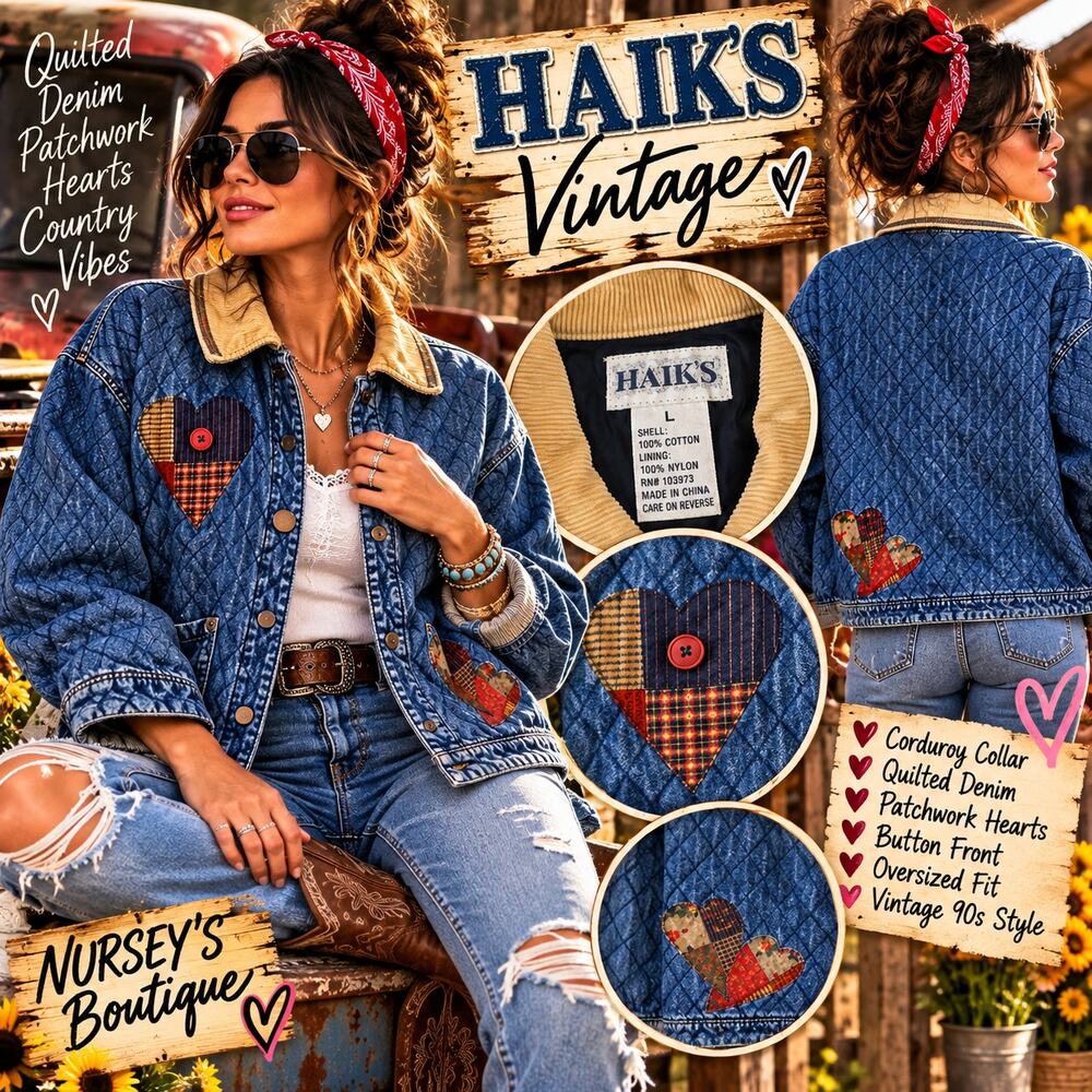 Vintage Hawks Quilted Denim Jacket L Patchwork Hearts Corduroy Collar 90s